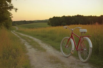Red bicycle on rural dirt road at sunset.
