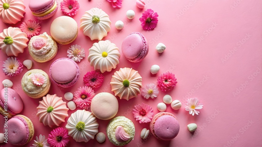 Poster pink and white delights an array of delicate pastries and flowers on a soft pink background