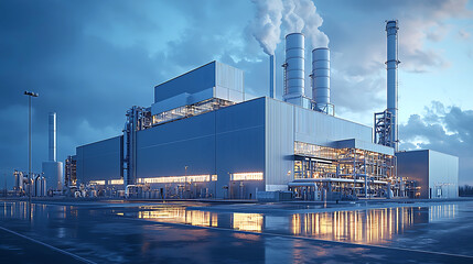 Obraz premium modern waste treatment and energy conversion plant at dusk, showcasing industrial architecture and reflective surfaces