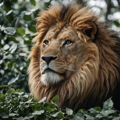 A lion with a mane full of leaves, white background.

