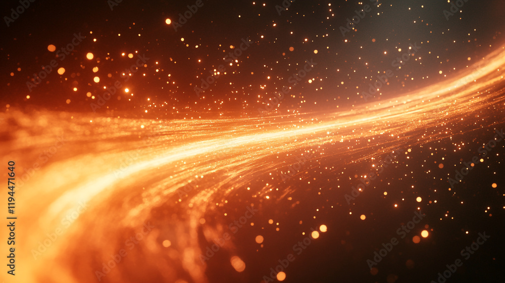Poster dynamic orange sparkles and light trails create a mesmerizing visual effect in a dark space