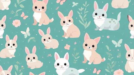 Adorable baby bunnies and playful kittens enjoying a sunny spring day in a colorful garden filled with flowers and butterflies
