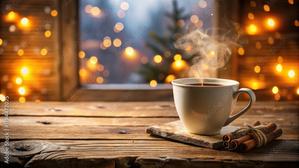 Poster a cozy winter scene with a steaming cup of tea on a rustic wooden table against a background of warm