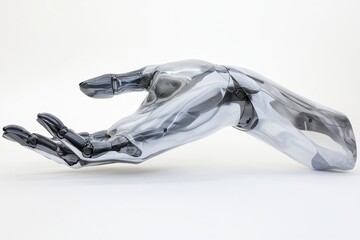 Robotic hand gesture, futuristic metallic design, transparent sections.