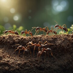 Fototapeta premium Ants Overcoming Challenges in Their Environment to Ensure Colony Survival. Contribution of Ants to Ecosystem Balance and Biodiversity. A Group of Ants Working Together to Disassemble a Large Food Item