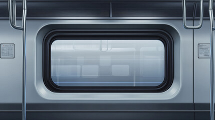 Obraz premium Train wagon interior with window and gray wall. Vector realistic clear glass window with metal frame and handles in metro, passenger compartment in railway transport with transparent background