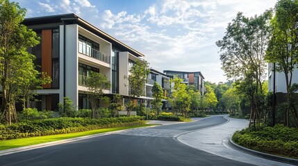 A peaceful street with houses in the countryside and a city view, featuring residential buildings, trees, grass, and blue skies