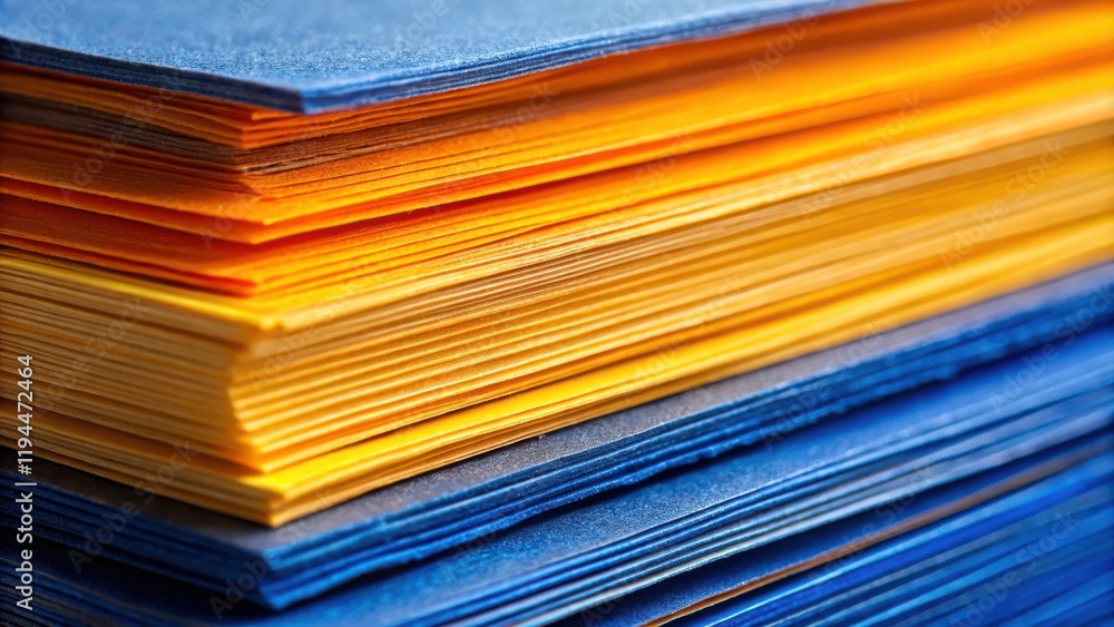 Poster stack of vibrant blue and yellow paper, a close-up view of the paper edges reveals the layered textu