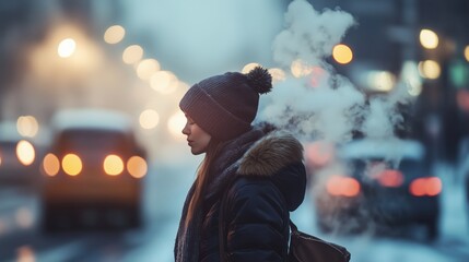 In a lively cityscape, a young adult wrapped in warm winter clothing pauses as steam rises from the streets, blending with the energy of heavy traffic.