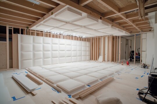 Home theater under construction, showing acoustic panels and flooring installation.