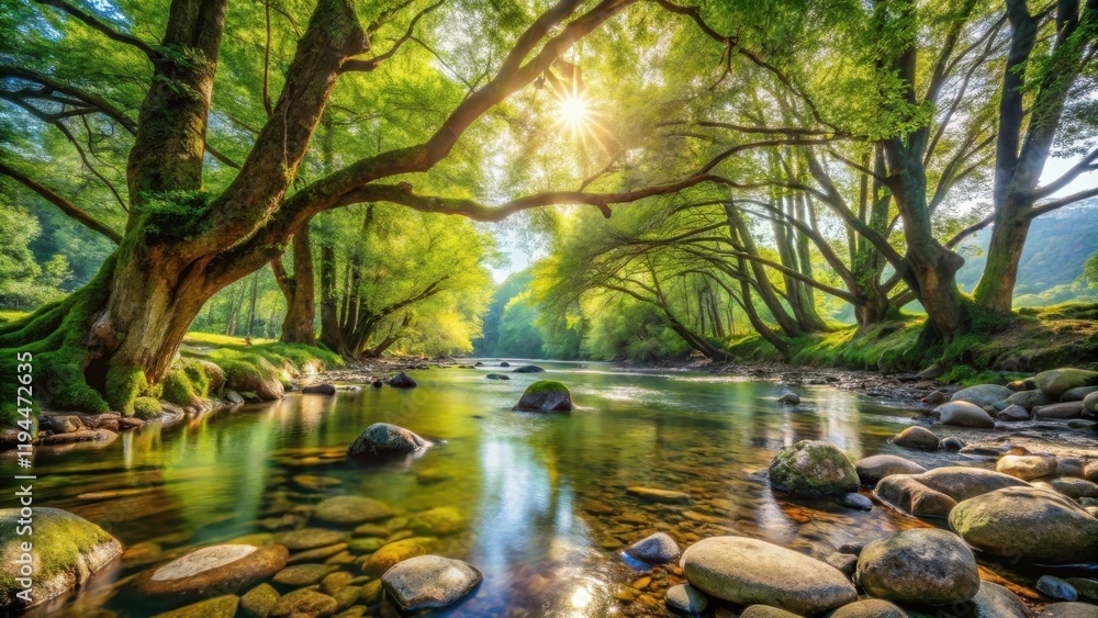 Poster Sunlight filtering through a canopy of trees illuminating a calm river with smooth rounded rocks scattered along its banks