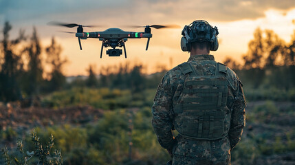 Soldier operates drone during sunset in a military training area