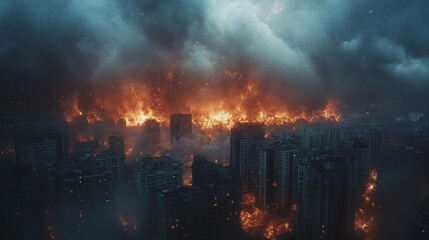 Obraz premium City engulfed in flames at twilight, showcasing the chaos of a devastating fire