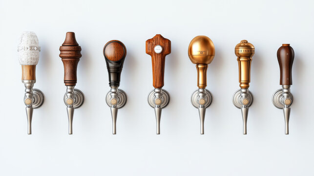 Set of beer taps isolated on white background. Realistic vector illustration of bar or pub equipment. Steel valves for releasing alcoholic beverages with wooden and plastic handles, space for branding