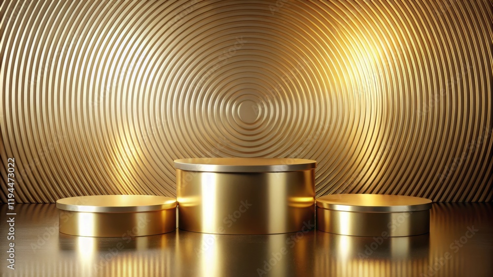 Aufkleber three golden cylindrical platforms on a shiny metallic background with a concentric circle design