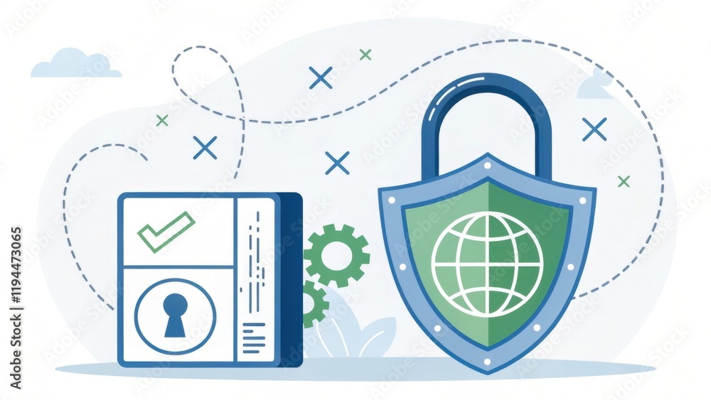 Poster a graphic depicting a secure lock symbol over a globe, representing cybersecurity and personal data 