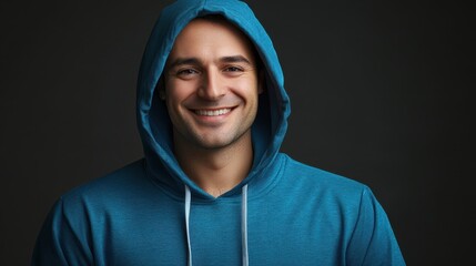 Smiling young adult male in blue hoodie against dark background