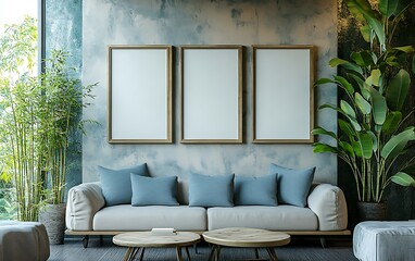 Modern living room interior design, calming blue and green tones, plants, sofa, blank frames