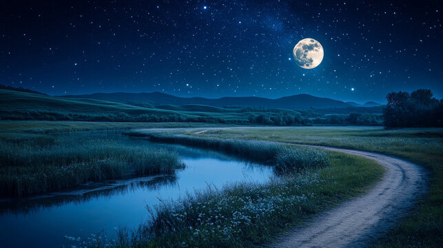 Night rustic meadow landscape, rural field, river and dirt road under dark blue starry sky with full moon and stars reflecting in water. Farmland scenery countryside nature, Cartoon vector background