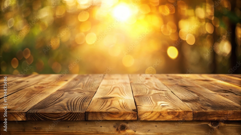 Poster wooden table top with blurred bokeh background of warm sunlight filtering through leaves