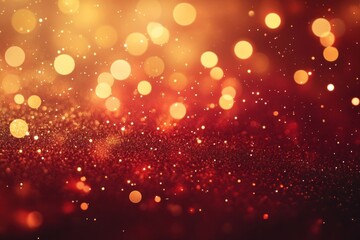 Festive abstract background with golden bokeh lights and glitter on a red celebration festive design.