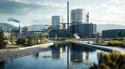 waste to energy plant with modern architecture, surrounded by nature and water. facility features large industrial structures