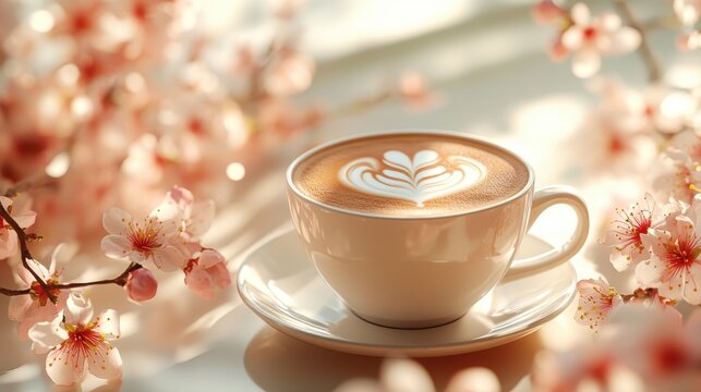 Cup of coffee with latte art surrounded by cherry blossoms in sunlit setting