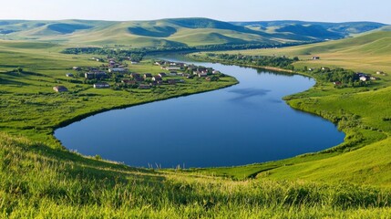 Obraz premium Serene River Village Landscape