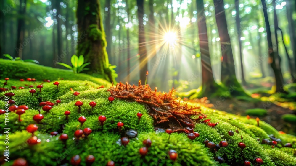 Poster Sunlight Filtering Through a Lush Forest Canopy, Illuminating a Carpet of Moss and Tiny Red Berries