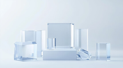 Glass showcases, display, exhibit stand, transparent boxes front view on white wood or plastic base. Crystal block, exhibition or award podium, isolated glossy object, Realistic 3d vector illustration