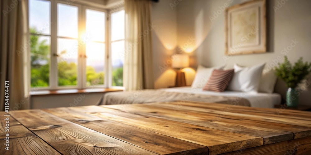 Poster a close-up of a rustic wooden table with a blurry background of a bedroom with a window, curtains, a