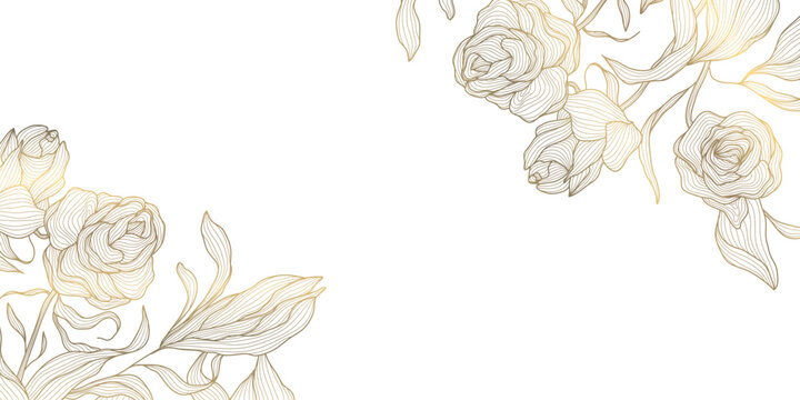 Vector gold on white flowers frame, roses luxury pattern, floral blossom elegant design background, nature botanical banner.