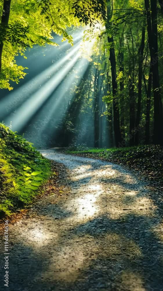 Poster light filters through trees in a serene forest path on a bright morning