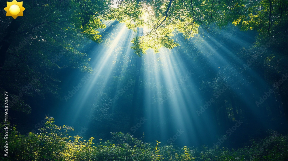 Poster sunlight filtering through trees creates a magical atmosphere in the forest