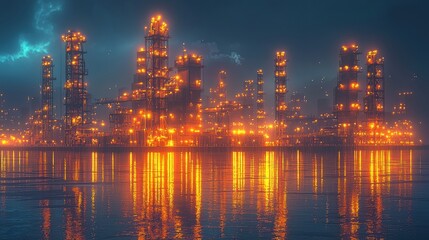 Fototapeta premium Illuminated Oil Rig at Night with Reflections on Water Surface