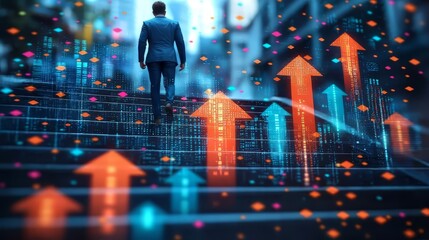 Businessman climbing up the stairs. He envisions success, growth, and leadership, driven by technology, digital innovation, and a clear mission for his company