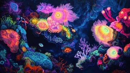 A vibrant deep ocean landscape with fluorescent coral reefs, glowing sea anemones, and radiant marine creatures illuminating the darkness.