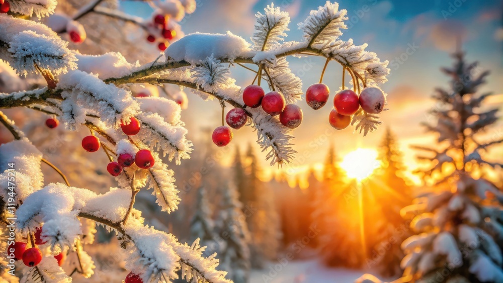 Poster a snow covered branch with red berries stands out against a blindingly bright sunrise in a frosty fo