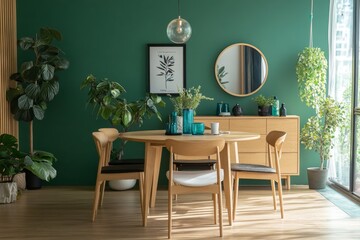 Modern dining room with green wall, wooden table, plants, and mirror.