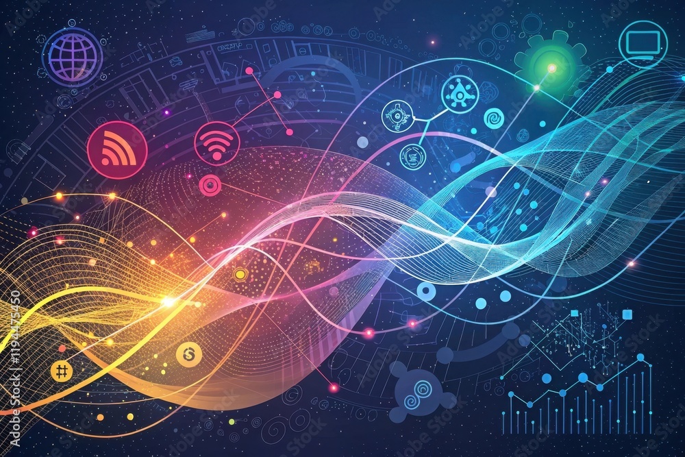Poster a vibrant graphic depicting dynamic waves intertwined with digital icons representing technology, co