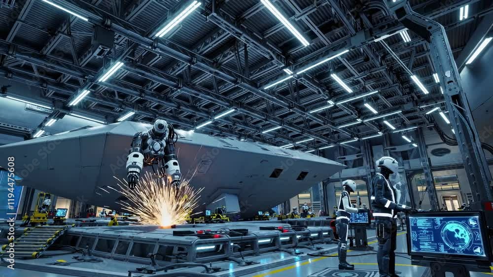 Poster exploring a futuristic spacecraft hangar with advanced robotics and technology in a high-tech enviro
