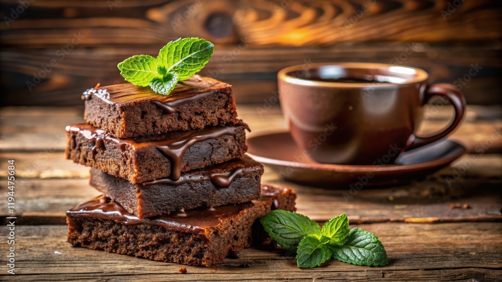 Poster a stack of chocolate brownies with a drizzle of melted chocolate and a sprig of mint, resting on a r