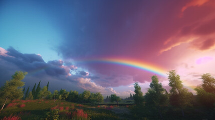 Naklejka premium Serene scene of rainbow arching over calm lake, reflecting soft pastel colors in sky. tranquil atmosphere evokes sense of hope and peace rainbow over the sea