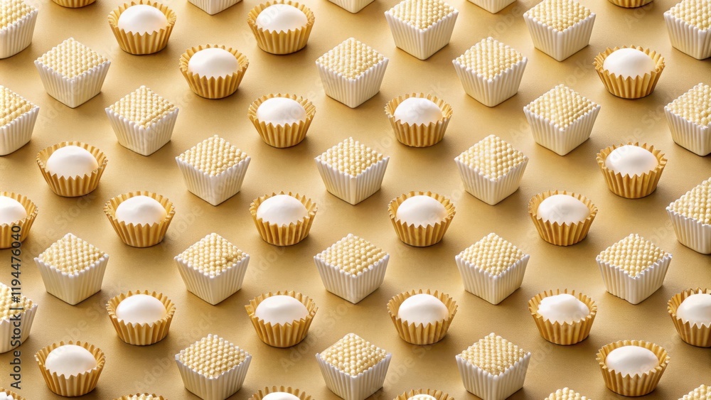 Poster a repeating pattern of white chocolate candies in gold and white paper cups on a solid gold backgrou