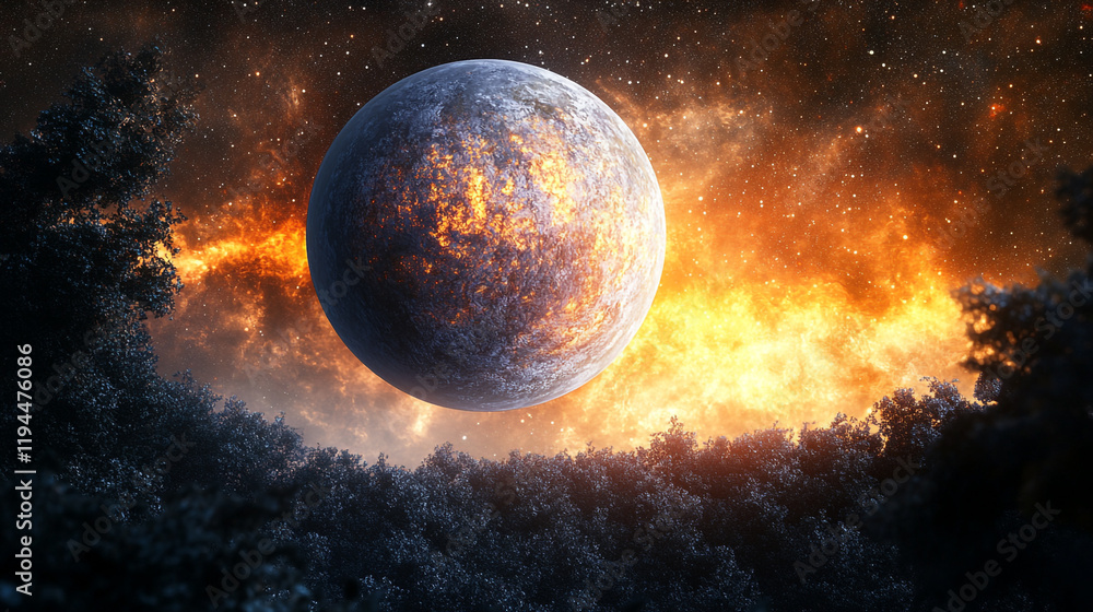 Poster a glowing celestial event illuminates a distant planet and surrounding landscape