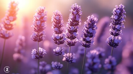 Naklejka premium Lavender Fields at Sunset: A Serene Panorama of Purple Blooms