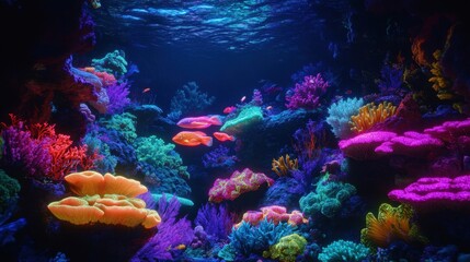 Fototapeta premium An enchanting deep-sea world where every coral, fish, and plant glows in neon colors, illuminating the dark ocean with magical light.