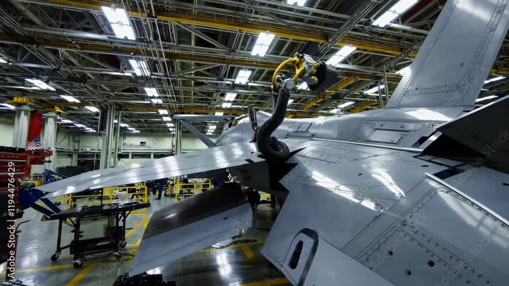 Fototapete inside a high-tech aircraft manufacturing facility with engineers assembling advanced jets and worki