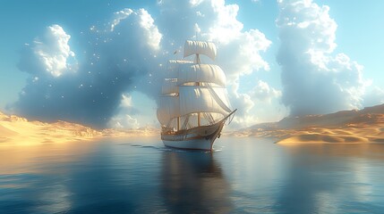 Sailing ship desert coast sunrise fantasy voyage