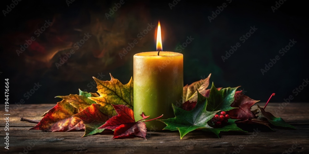 Poster a single candle illuminates a cluster of vibrant autumn leaves, creating a warm and serene atmospher